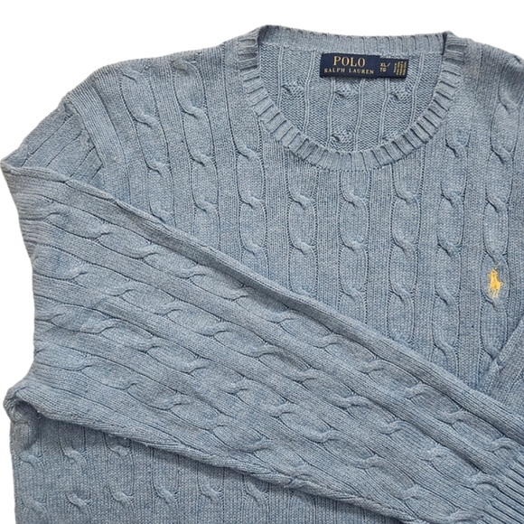 Polo | 100% Silk Tussah | Logo Embroidered Cable-Knit Sweater | Men's | Blue - Picture 3 of 9